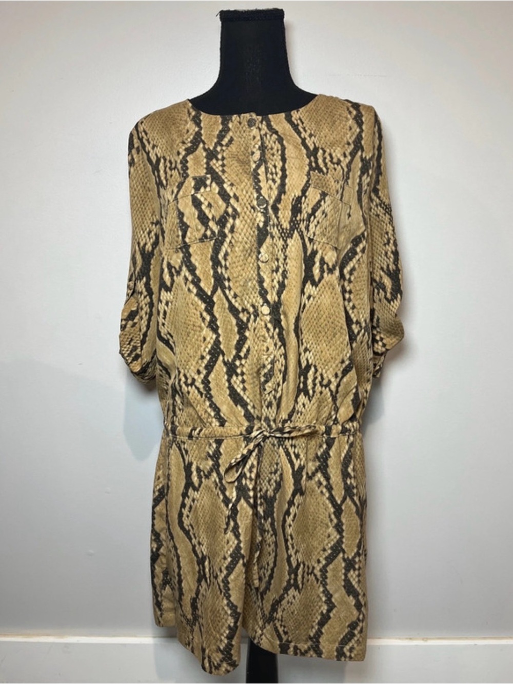 Snake-Print Tie-Waist Midi Dress in Tan and Black